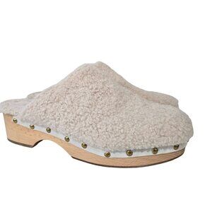 J. Crew Womens Sherpa-Lined Clogs Size 12 Faux Fur Leather Upper Wood Sole Beige